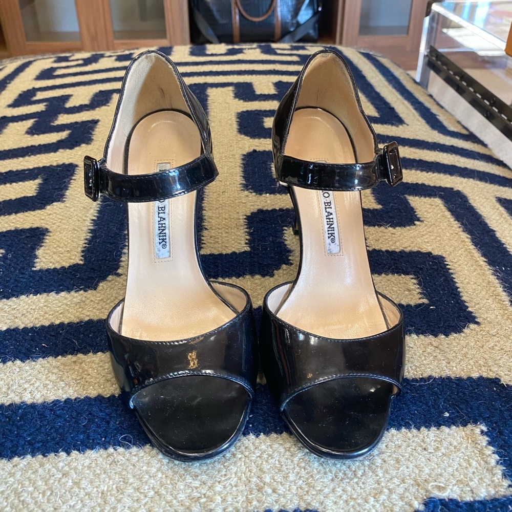 Manolo Blahnik Black Open-Toe heels w/ Ankle Strap